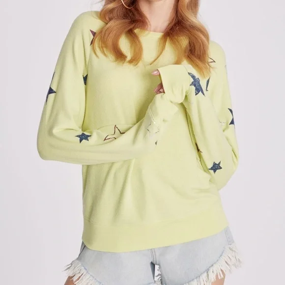 🔥WILDFOX🔥SUPERSTAR RAGLAN BAGGY BEACH JUMPER SWEATSHIRT SUNNY LIME RARE - Picture 1 of 5